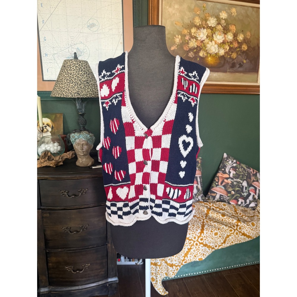 Kenji Vintage Heart Patchwork Knit Sweater Vest Red White Blue Large Patriotic